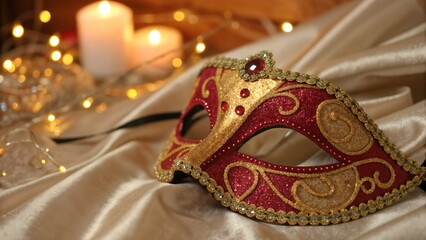 Fototapeta premium Glittering red and gold masquerade mask on luxurious fabric with candlelight ambiance