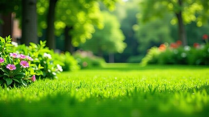 Vibrant Pink Blossoms Grace a Lush Green Lawn in a Serene Park Setting