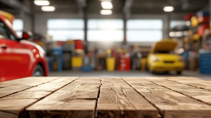 Obraz premium Wooden Table Surface in Auto Repair Shop with Blurred Background and Colorful Tools