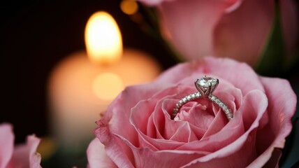 Obraz premium Diamond Engagement Ring Rests Inside Pink Rose