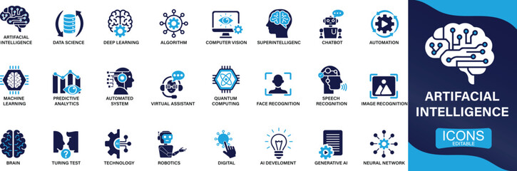 Fototapeta premium Artificial intelligence icon set. machine learning, data science, AI, virtual assistant, generative AI, technology, You can easily change the color.