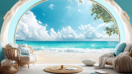 Fototapeta premium Ocean View Oasis: Serene beach scene through an arched window, creating a tranquil indoor-outdoor living space. Perfect for home decor, travel, and relaxation themes. 