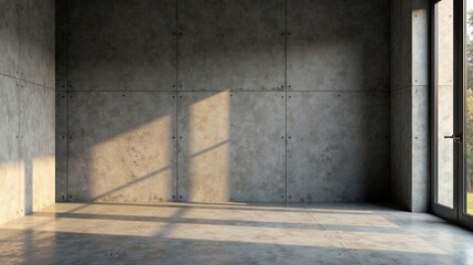 Sunlit Empty Room with Concrete Walls and Floor, Modern Minimalist Interior Design