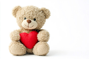 Teddy bear holding a red heart sitting on a plain white background. Simple and romantic Valentine's Day concept. Design for greeting card, postcard, or banner