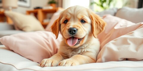 Obraz premium A small golden retriever puppy enjoys a moment of relaxation on fluffy pillows in a bright, inviting living space filled with warmth and comfort