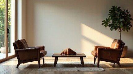 Serene living room with two brown leather armchairs and a low coffee table, bathed in warm sunlight
