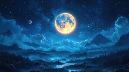 Fototapeta premium Night sky, mountains, forest, large moon, serene.