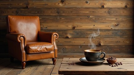 Aromatic Coffee Steaming in a Dark Mug on Rustic Wooden Table Near a Leather Armchair