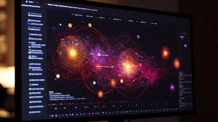 Obraz premium Futuristic digital interface with cosmic visualization on monitor