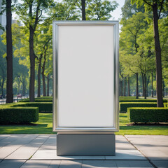 A blank vertical street billboard with a clean white surface, framed by a sleek metallic border.