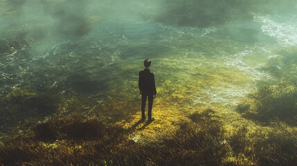 Obraz premium Solitary Figure in a Misty Landscape