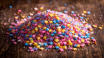 Fototapeta premium A pile of vibrant sprinkles shaped like stars, hearts, and circles, scattered on a wooden table with sunlight streaming through.