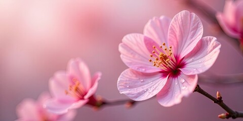 Obraz premium Delicate Pink Blossoms with Morning Dew, Softly Illuminated by Gentle Sunlight, Displaying Intricate Petal Details