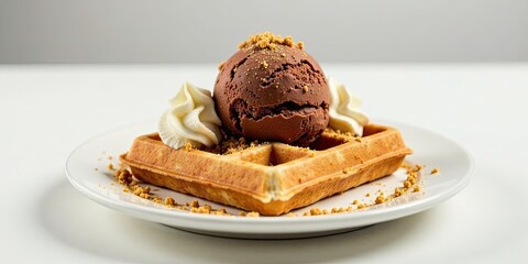 A delightful waffle topped with a scoop of rich chocolate ice cream, adorned with whipped cream and a sprinkle of crunchy bits