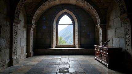 Ancient stone chamber with arched window showcasing scenic mountain vista and antique wooden cabinet