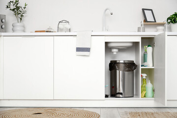 Trash bin with foot pedal under sink in kitchen