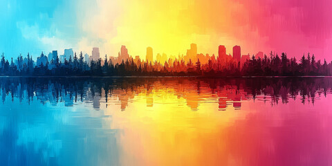  Vibrant Sunset Reflection Over Cityscape and Forest