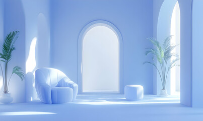 A serene, minimalist interior space featuring soft blue tones and a cozy chair.