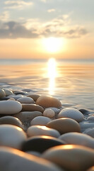 Fototapeta premium A serene sunset over calm waters, with smooth pebbles in the foreground.
