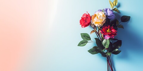 Colorful Artificial Roses Arranged on a Blue Background
