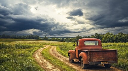 Fototapeta premium Rustic Vintage Truck on Winding Country Road Under Dramatic Clouds