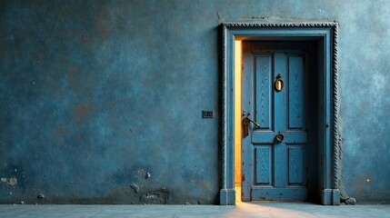 A weathered blue door ajar reveals a mysterious interior, bathed in a warm, inviting light against a textured teal wall.