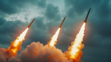 Three rockets launching against dramatic cloudy sky at dawn