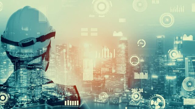 Future building construction and inventive engineering project concept with HUD hologram graphic design. Building engineer, architect people or construction worker works with modern civil technology.