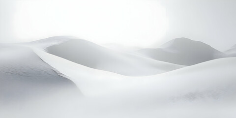 A serene landscape of soft, white sand dunes shrouded in mist and light.