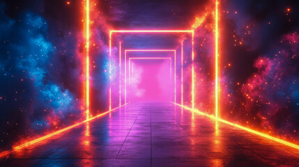 Futuristic neon tunnel with glowing lights and cosmic ambiance