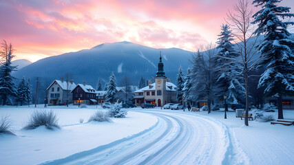 Sunset in the mountains, Winter destinations, winter background