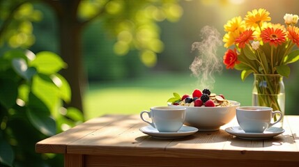 Fototapeta premium Serene outdoor breakfast with steaming hot beverage and fruit-topped cereal beside a vibrant bouquet in sunlight