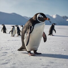 Fototapeta premium A realistic image of a single penguin standing on snow, with a clear white background.