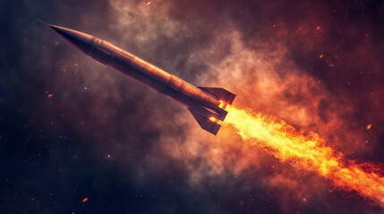 Fiery rocket launch in starry space sky with bright flames and smoke trail