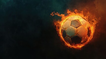 Naklejka premium Dynamic Burning Soccer Ball with Fiery Flames on Dark Background