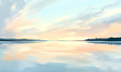 Obraz premium Serene landscape at sunset with soft colors reflecting on calm water.