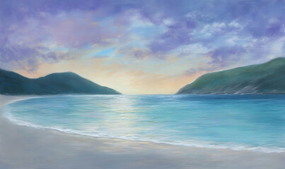 Obraz premium A serene beach scene at sunset with gentle waves and lush hills in the background.