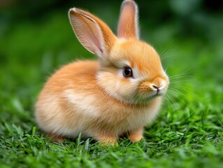 Fototapeta premium A fluffy, orange rabbit sitting on green grass, showcasing its adorable features.