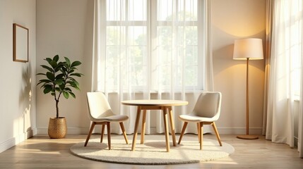 Fototapeta premium Sunlit Room with Wooden Table and Chairs, Potted Plant, and Floor Lamp