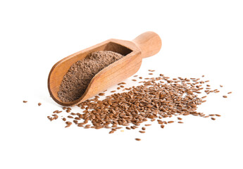 Wooden scoop with flax flour and seeds on white background