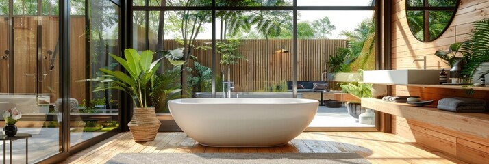 modern bathroom with white bathtub, freestanding sink and wooden floor in the middle of an open living room on second story