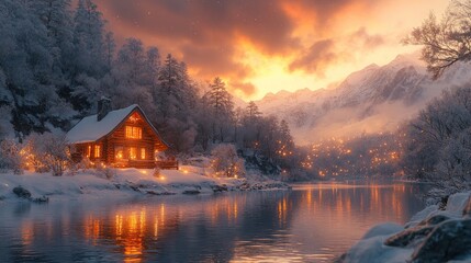 Obraz premium Cozy cabin, winter wonderland, fiery sunset.