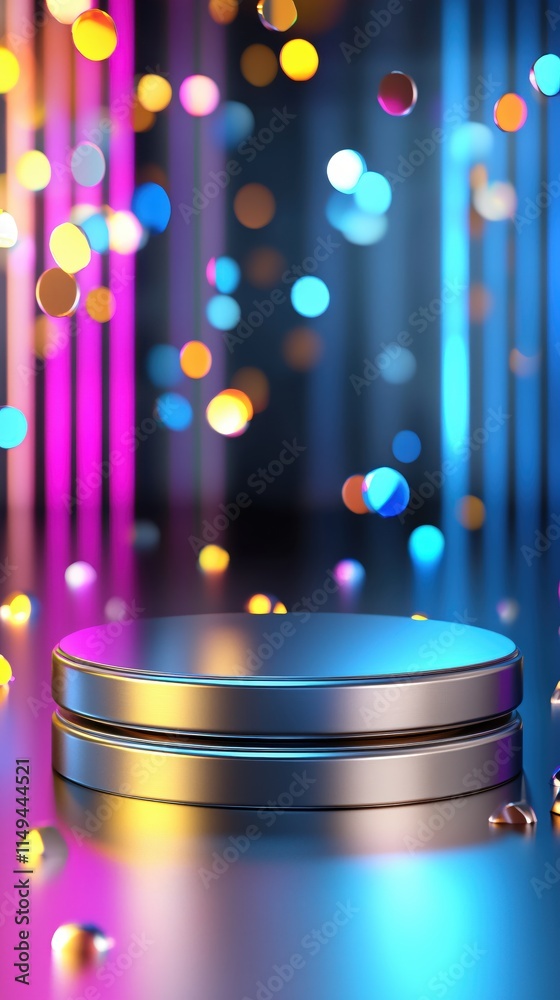 Poster Colorful bokeh lights create stunning backdrop for product display on reflective surface