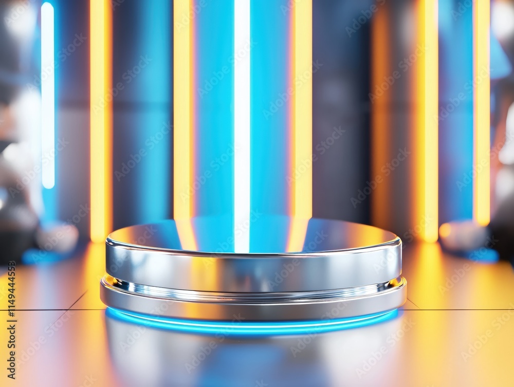 Aufkleber modern round platform with neon lights for product display and photography use