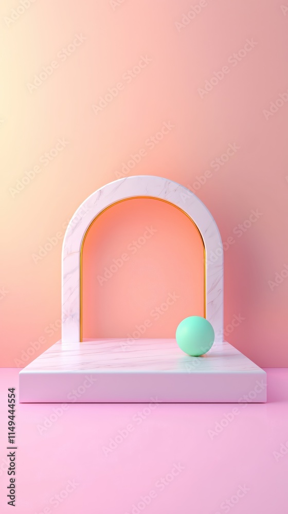 Poster minimalist geometric composition with arch and sphere on pastel background