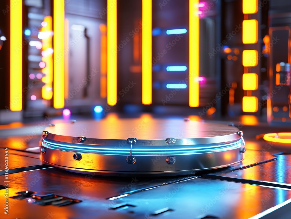 Poster futuristic technology platform with neon lights and sleek metallic surface