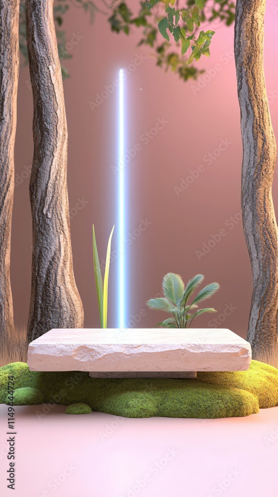 Poster minimalist nature scene with stone platform and neon light in soft pink background