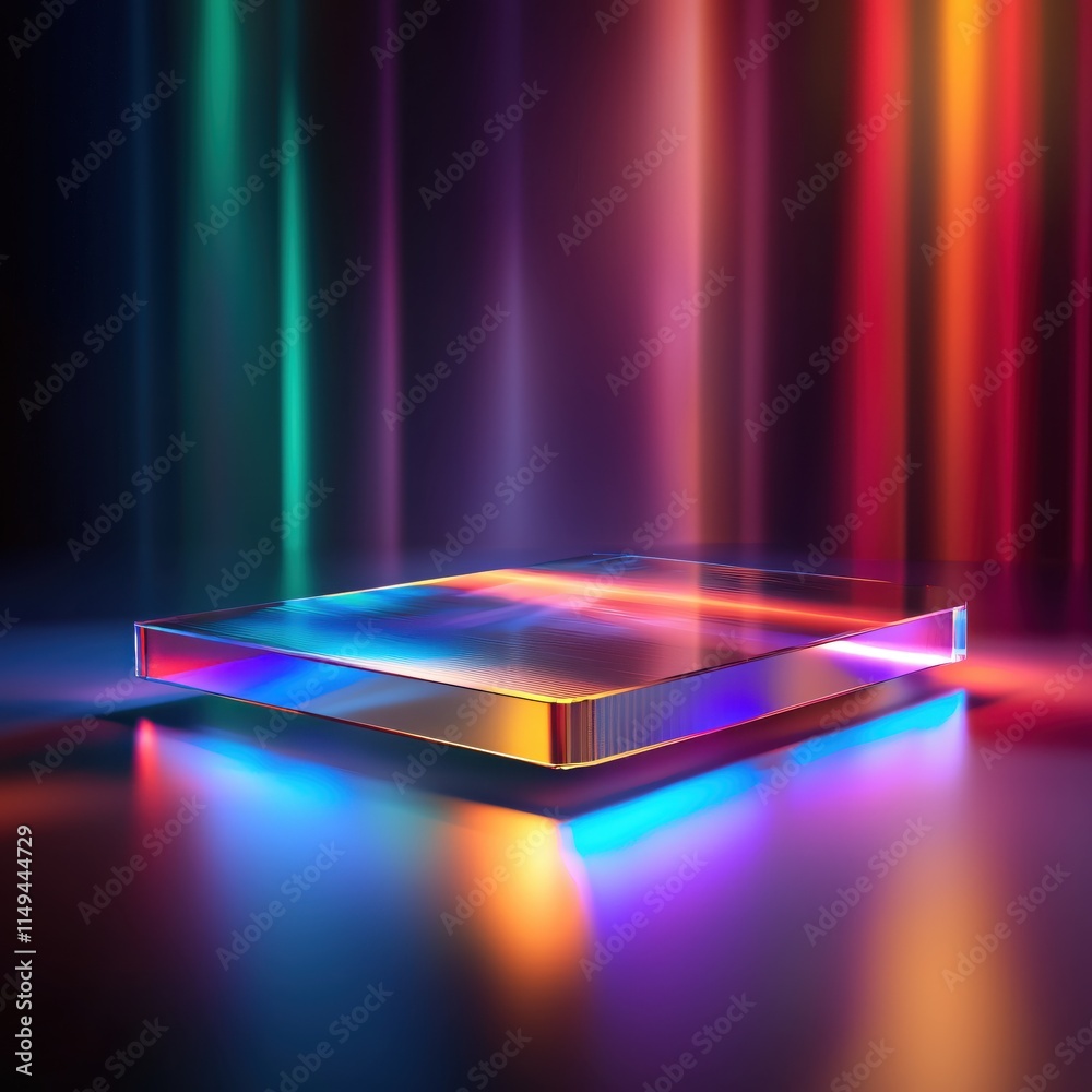 Poster glowing transparent acrylic panel with colorful light reflection on dark surface