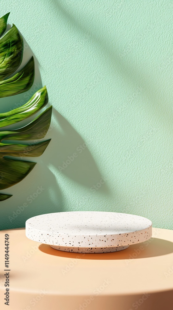 Poster minimalist display with textured plate and green background for modern interiors
