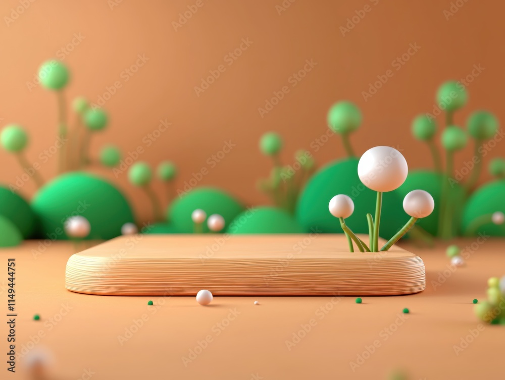 Poster whimsical minimalist scene with rounded shapes and organic elements on wooden surface
